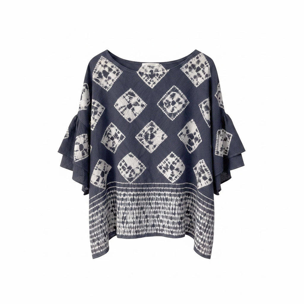 NUI SHIBORI  Logwood-Dyed Silk Frill-Sleeve Top
