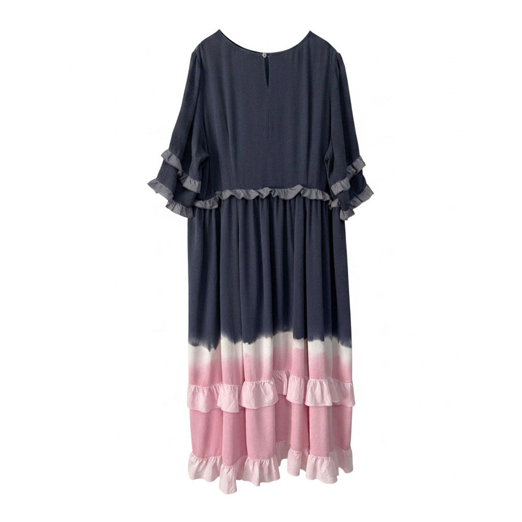 Gradient Natural-Dyed Silk Frill Dress NAVY
