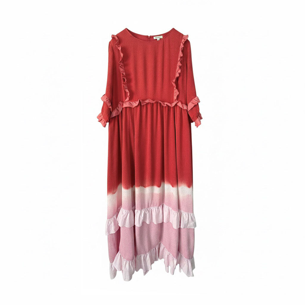 Gradient Botanical-Dyed Silk Frill Dress  RED